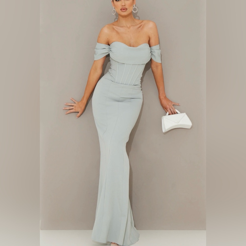 NEW PrettyLittleThing PLT Sage Green Corset Bardot Dress -Size 0